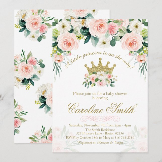 Floral Princess Gold Baby shower Invitation (Devant / Derrière)