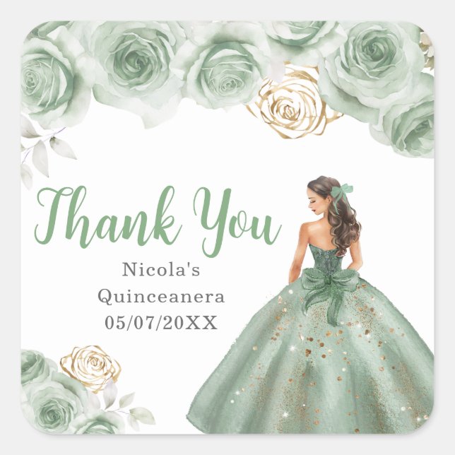 Floral Princess in a Sage Green Dress Quinceanera Quadratischer Aufkleber (Vorderseite)
