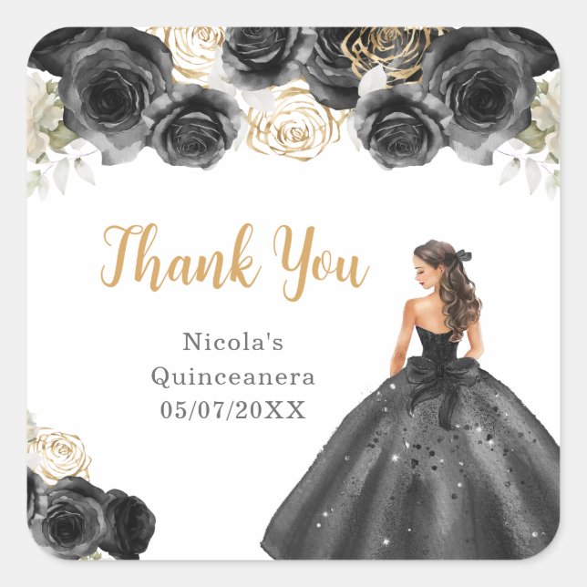Floral Princess in Black Dress Quinceanera Quadratischer Aufkleber (Vorderseite)