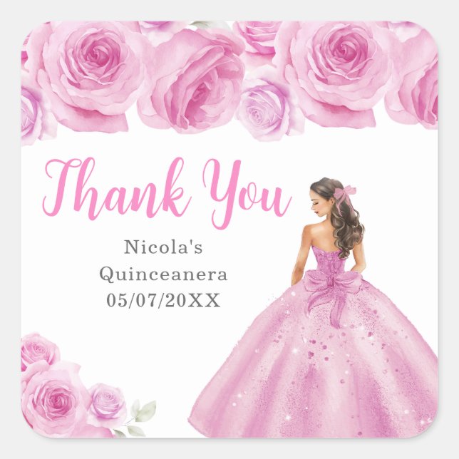 Floral Princess in Light Pink Dress Quinceanera Quadratischer Aufkleber (Vorderseite)