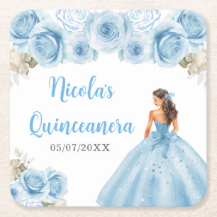 Floral Prinzessin in blauem Kleid Quinceanera Rechteckiger Pappuntersetzer