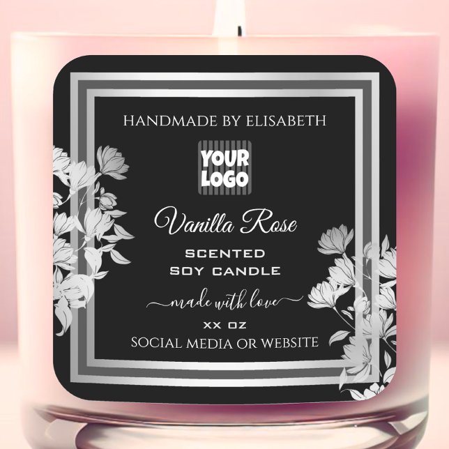 Floral Product Packaging Labels Logo Black Silver Quadratischer Aufkleber (Von Creator hochgeladen)