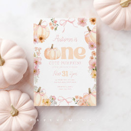 Floral pumpkin 1st Birthday Orange Pink Bow Einladung