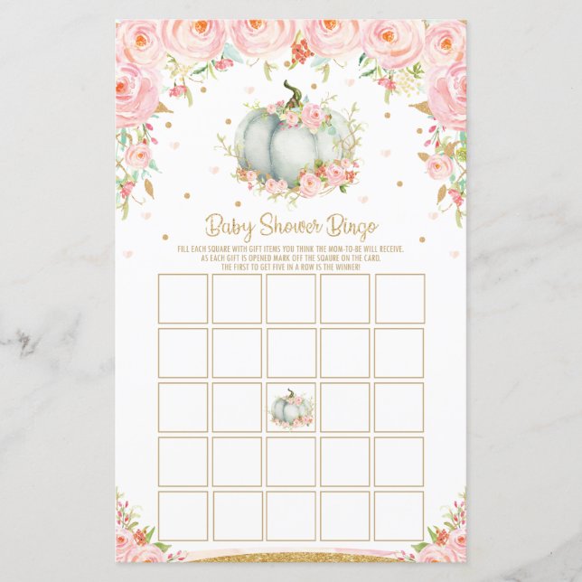 Floral Pumpkin Baby Dusche Bingo Spiel Aktivität (Vorderseite)
