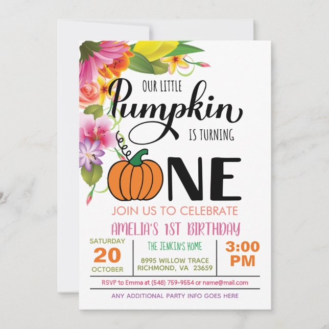 Floral Pumpkin Einladung zum ersten Geburtstag - M (Vorderseite)