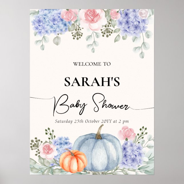 Floral Pumpkin Fall Baby Dusche Begrüßungszeichen Poster (Vorne)