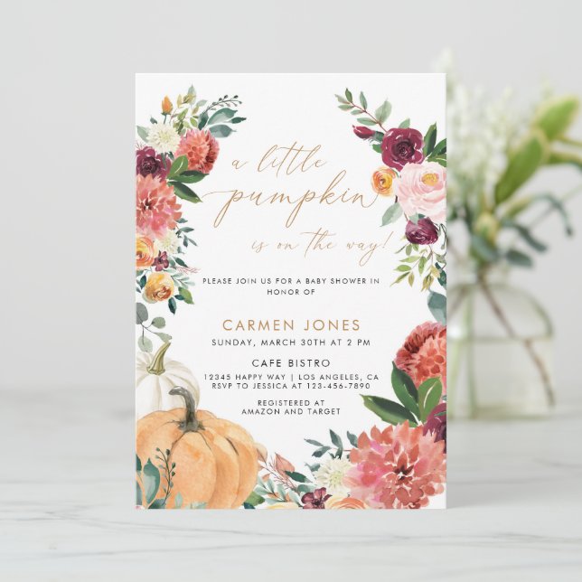 Floral Pumpkin Fall Baby Duwer Gender Neutral Einladung (Stehend Vorderseite)