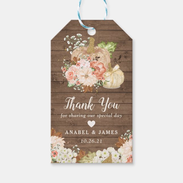 Floral Pumpkin Rustic Wood Fall Baby Dusche Geschenkanhänger (Vorderseite)