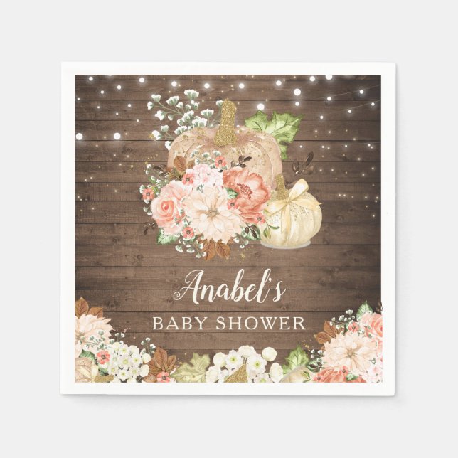 Floral Pumpkin Rustic Wood Fall Baby Dusche Serviette (Vorderseite)