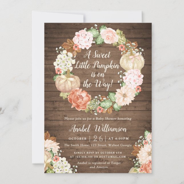 Floral Pumpkin Rustic Wood Wreath Baby Dusche Einladung (Vorderseite)