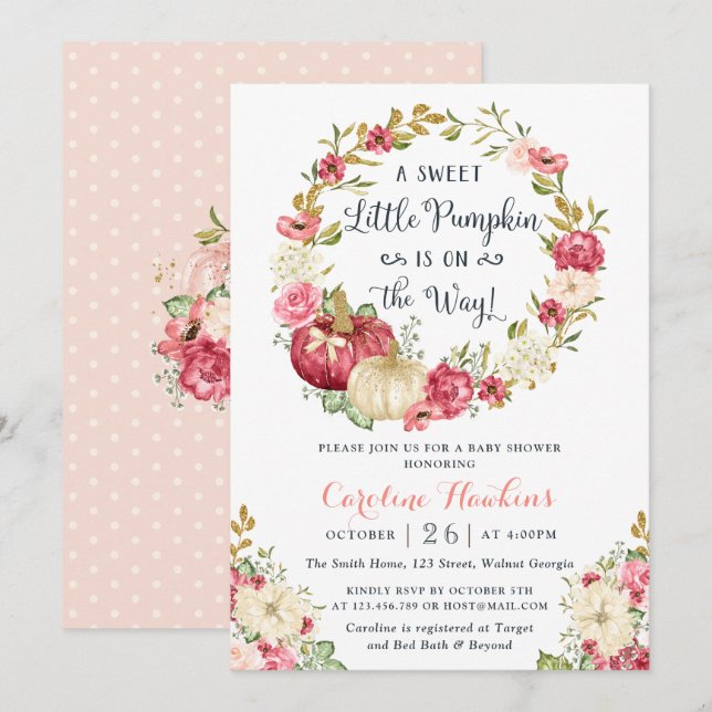 Floral Pumpkin Wreath Blush Glitzer Baby Showdusch Einladung (Vorne/Hinten)
