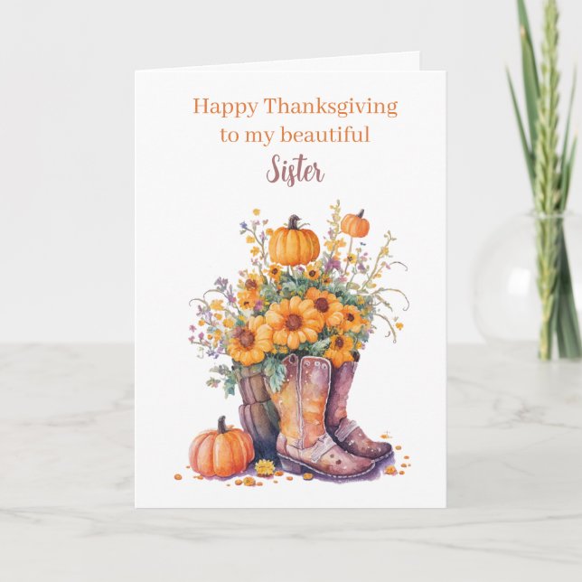 Floral Pumpkins Cowboy Boots Erntedank Schwester Karte (Vorderseite)