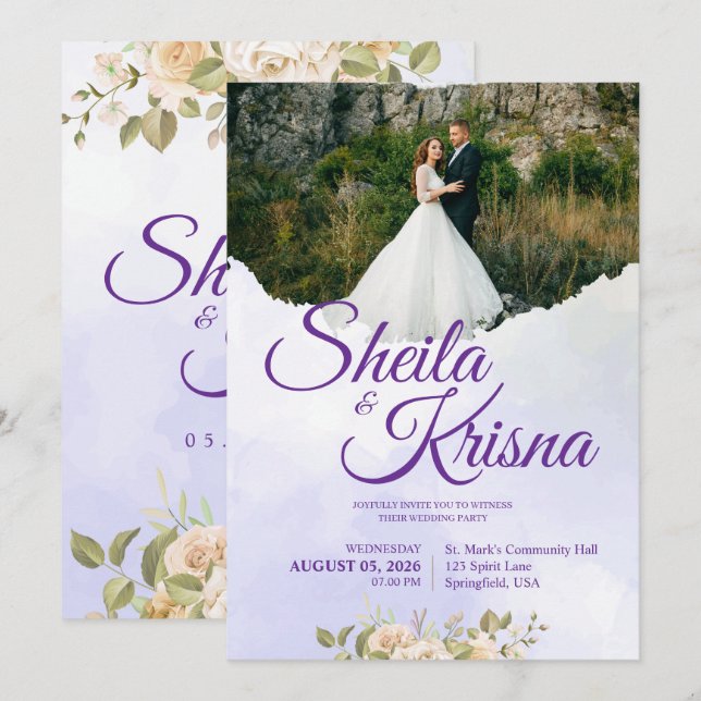 Floral Purple Elegance Wedding with Photo Einladung (Vorne/Hinten)