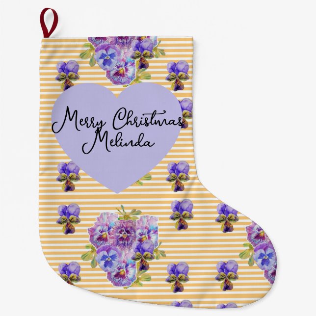 Floral Purple Viola Yellow Pansy Christmas Name Großer Weihnachtsstrumpf (Vorderseite)