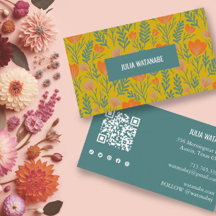 Floral QR Code Social Media Gold Green Chic Visitenkarte