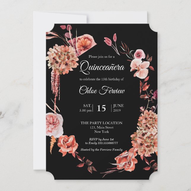 Floral Quinceañera Black Einladung (Vorderseite)