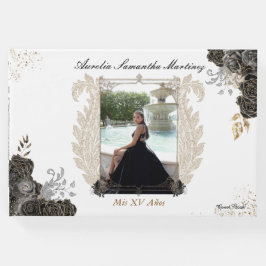 Floral Quinceañera Gästebuch Schwarz und Gold