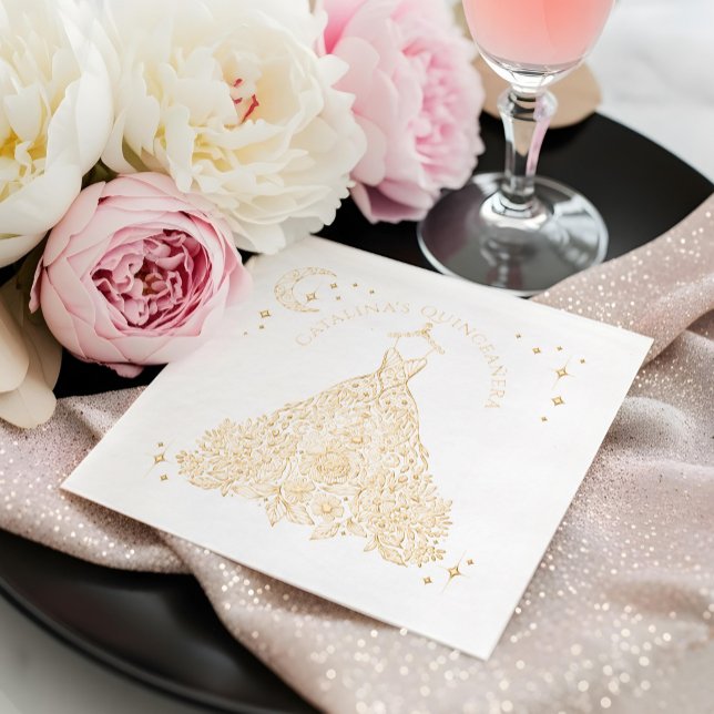 Floral Quinceañera Gown Glam Céleste Lune Stars (Floral Quinceañera Gown Glam Celestial Moon Stars Foil Napkins)