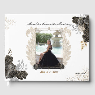 Floral Quinceañera Livre d'hôtes Noir et Or