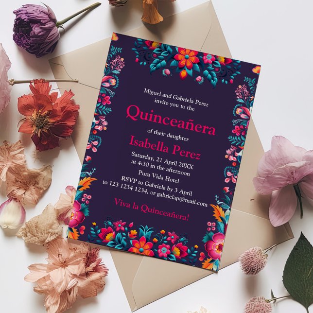 Floral Quinceanera Mexican Fiesta Birthday Einladung (Floral Quinceanera Mexican Fiesta Birthday Invitation on a table with colorful flowers.)