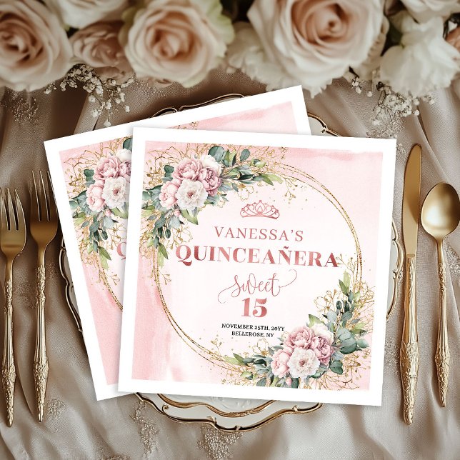 Floral Quinceañera Napkins in Dusty Pink and Gold Serviette (Floral Quinceañera Napkins in Dusty Pink and Gold)