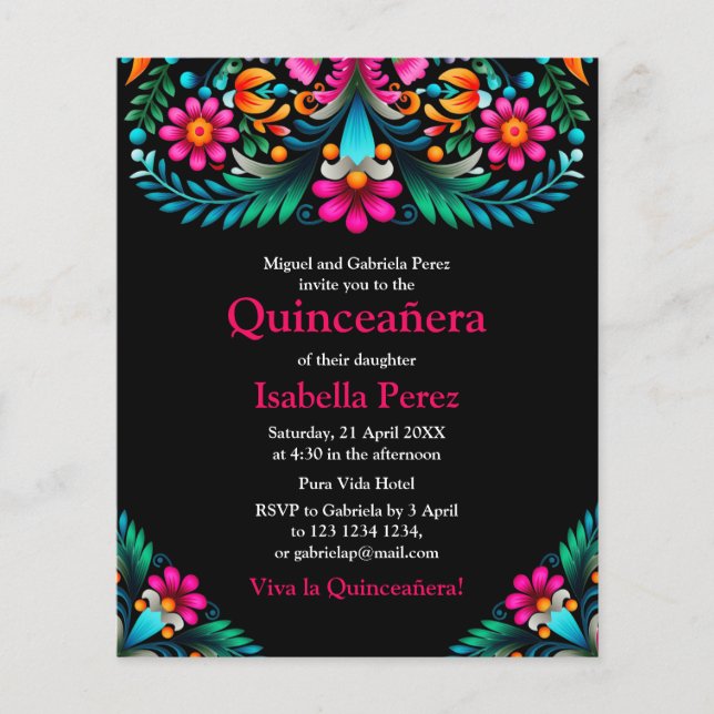 Floral Quinceanera Schwarz Mexican Fiesta Geburtst Flyer (Vorne)