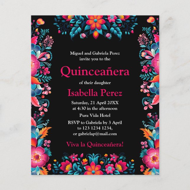 Floral Quinceanera Schwarz Mexican Fiesta Geburtst Flyer (Vorne)