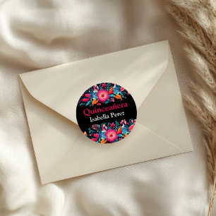 Floral Quinceanera Schwarze Mexikanische Fiesta Runder Aufkleber
