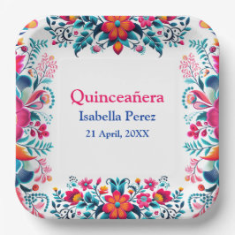 Floral Quinceanera Weiße mexikanische Fiesta Gebur Pappteller