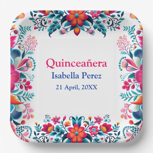 Floral Quinceanera Weiße mexikanische Fiesta Gebur Pappteller (Vorderseite)