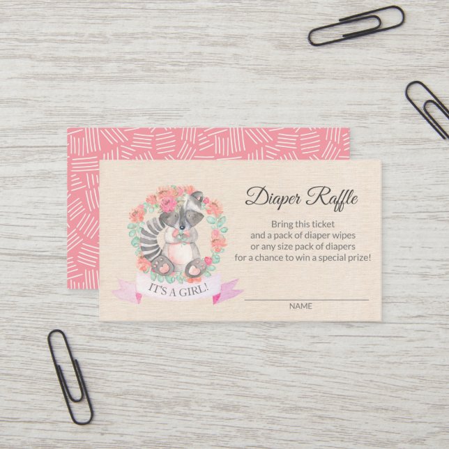 Floral Raccoon Baby Showdusche Windeln Raffel Tick Visitenkarte (Vorderseite/Rückseite Beispiel)