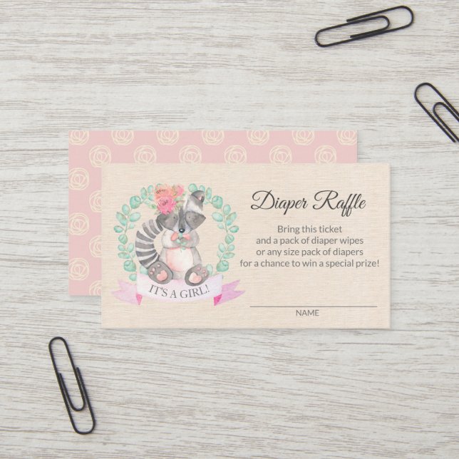 Floral Raccoon Baby Showdusche Windeln Raffel Tick Visitenkarte (Vorderseite/Rückseite Beispiel)