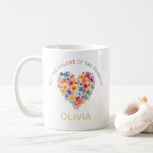 Floral Rainbow Heart Tasse - Individuelle Name Ges