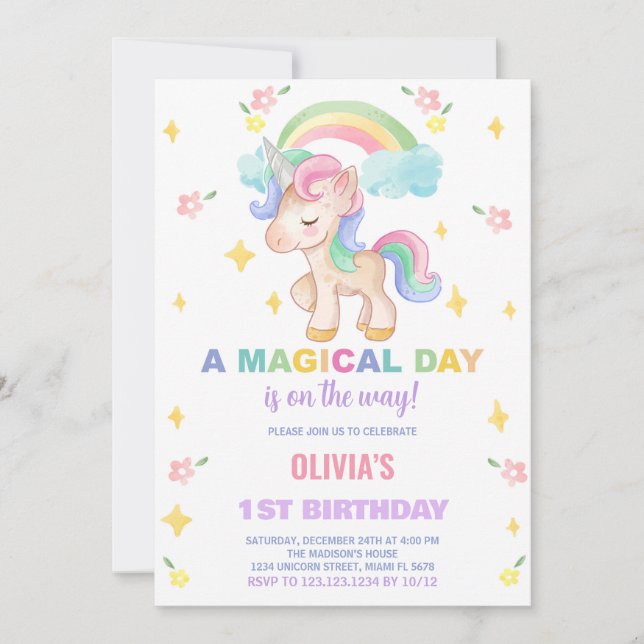 Floral Rainbows Unicorn Invitations d'anniversaire (Devant)
