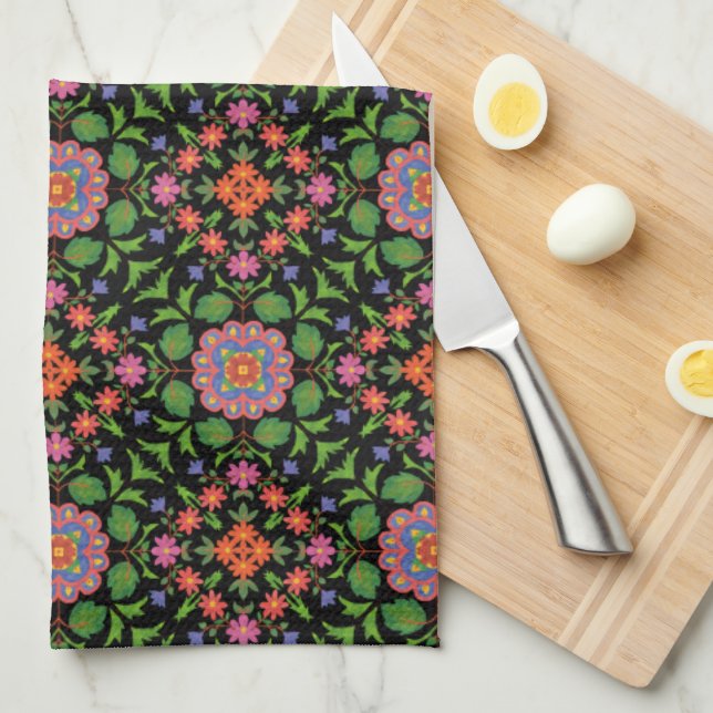 Floral Rangoli Motif sur la serviette de cuisine n (Quart Plié)