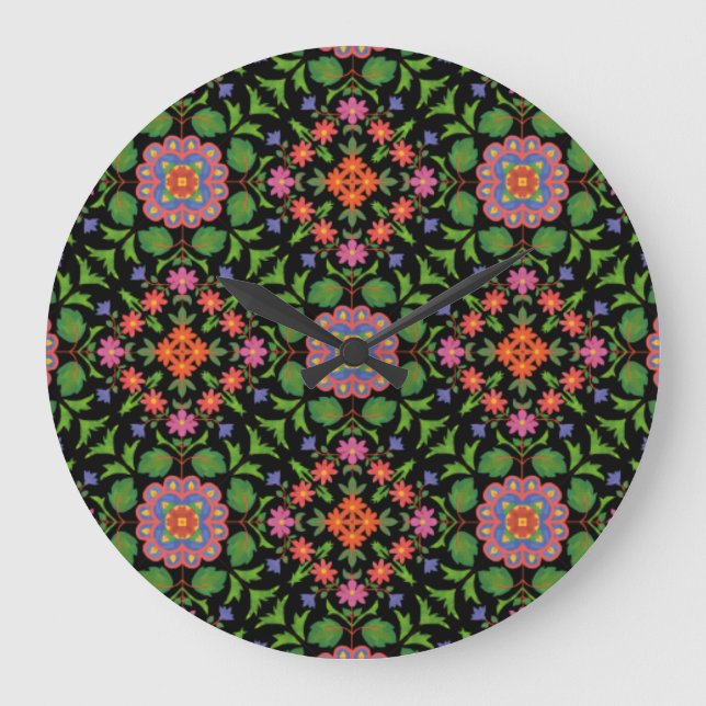 Floral Rangoli Muster auf der schwarzen Acrylwand Große Wanduhr (Vorderseite)