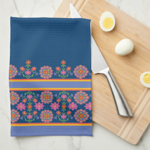 Floral Rangoli Muster Border, blaues Küchentuch