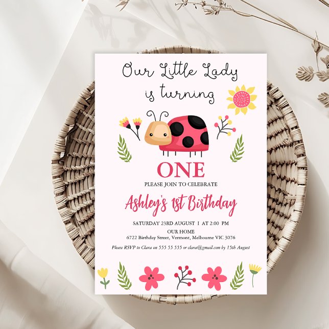 Floral Red Black Our Little Ladybug 1. Geburtstag Einladung (Little Lady Ladybug 1st Birthday Invitation Template Cute, Floral Ladybug Birthday Invitation, Pink)