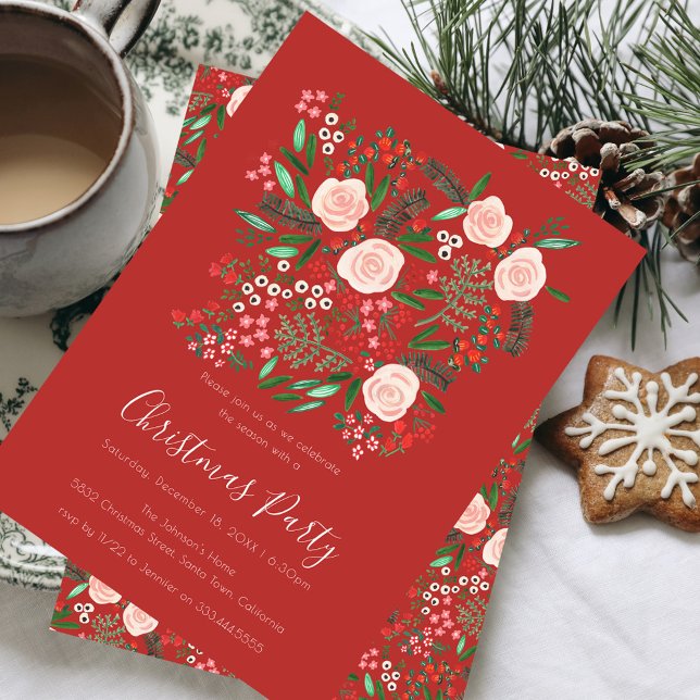 Floral Red Botanical Christmas Party Einladung (Floral Red Botanical Christmas Party Invitation)