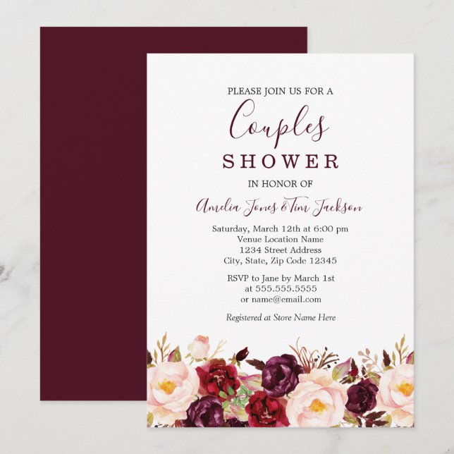 Floral Red Burgundy Marsala Wedding Couples Dusche Einladung (Vorne/Hinten)