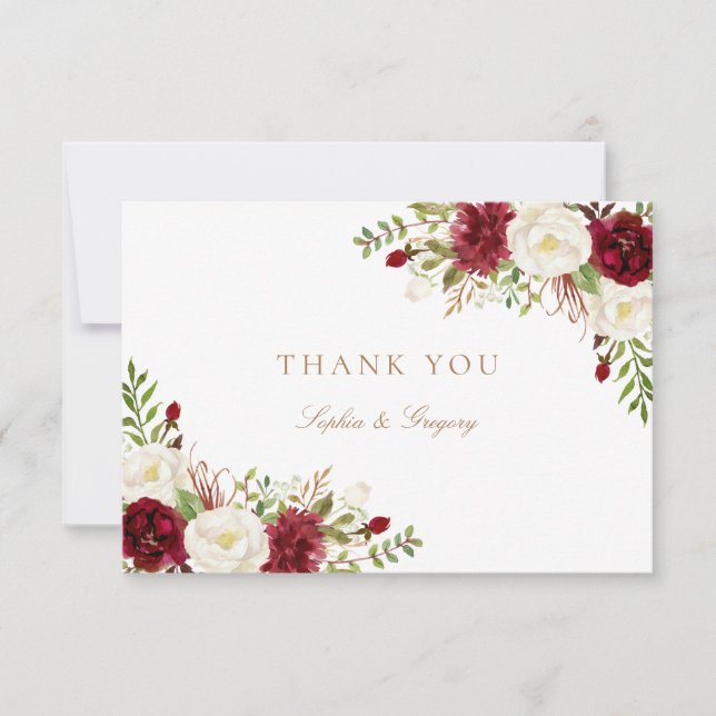 Floral Red Burgundy White Gold Dankeschön Karte (Vorderseite)