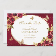 Floral Red Gold Butterfly Quinceanera Ankündigung