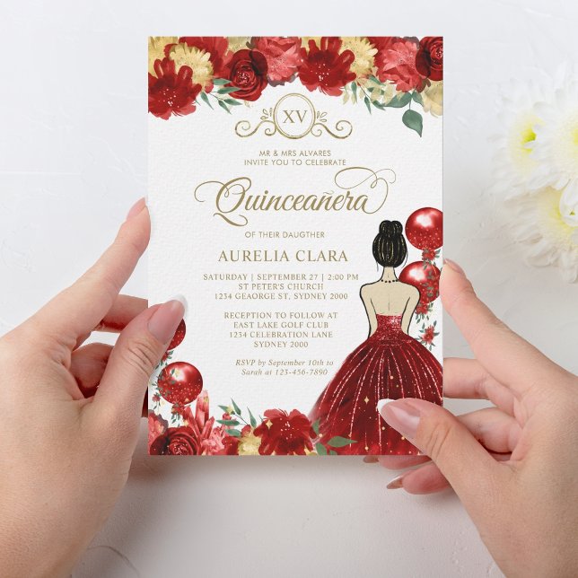 Floral Red Gold Princess XV Quinceañera Birthday Einladung (Von Creator hochgeladen)