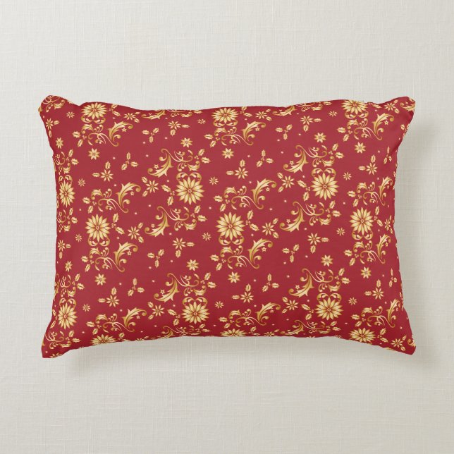 Floral Red Gold Stars Weihnachts-Party Metallic Dekokissen (Vorderseite)