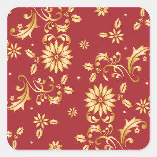 Floral Red Gold Stars Weihnachts-Party Metallic Quadratischer Aufkleber