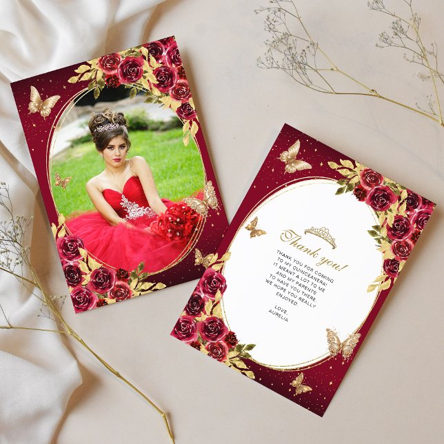 Floral Red Gold Tiara Butterfly Photo Quinceañera Dankeskarte (Von Creator hochgeladen)
