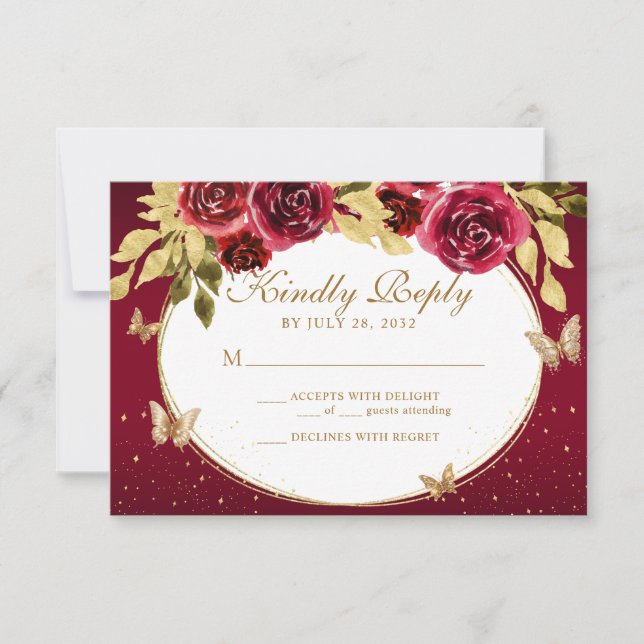 Floral Red Gold Tiara Butterfly Quinceañera RSVP Karte (Vorderseite)