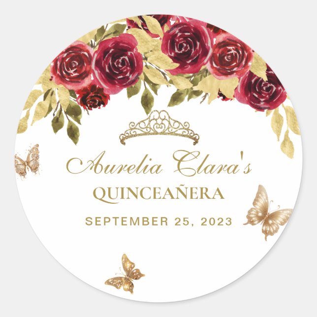 Floral Red Gold Tiara Butterfly Quinceañera Runder Aufkleber (Vorderseite)