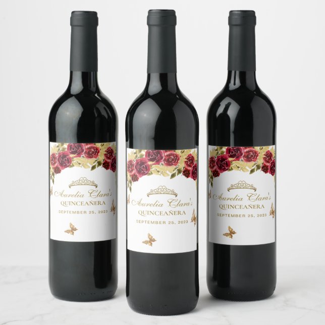 Floral Red Gold Tiara Butterfly Quinceañera Weinetikett (Flaschen)
