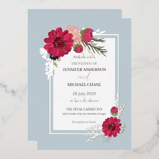 Floral Red Green Bridal Wedding Folieneinladung (Vorderseite/Rückseite)